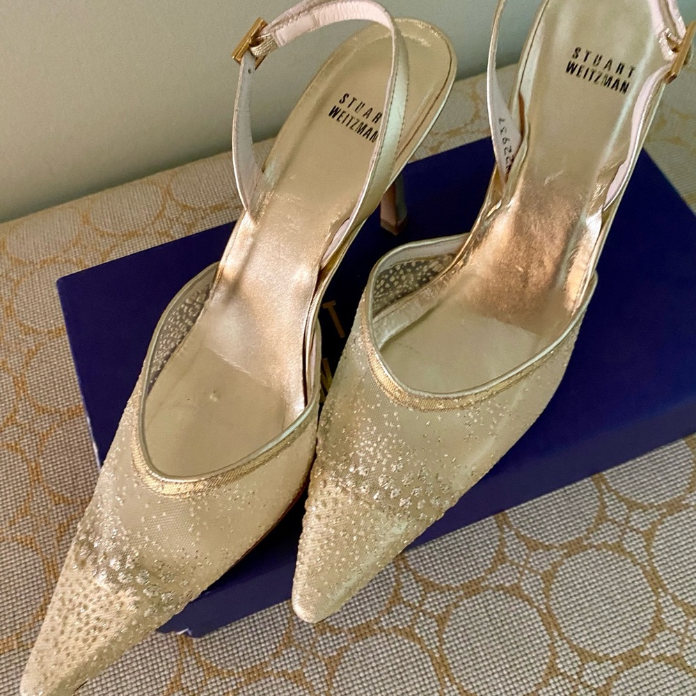 COPY - Stuart Weitzman Gold sprinkle mesh sling backs size 10